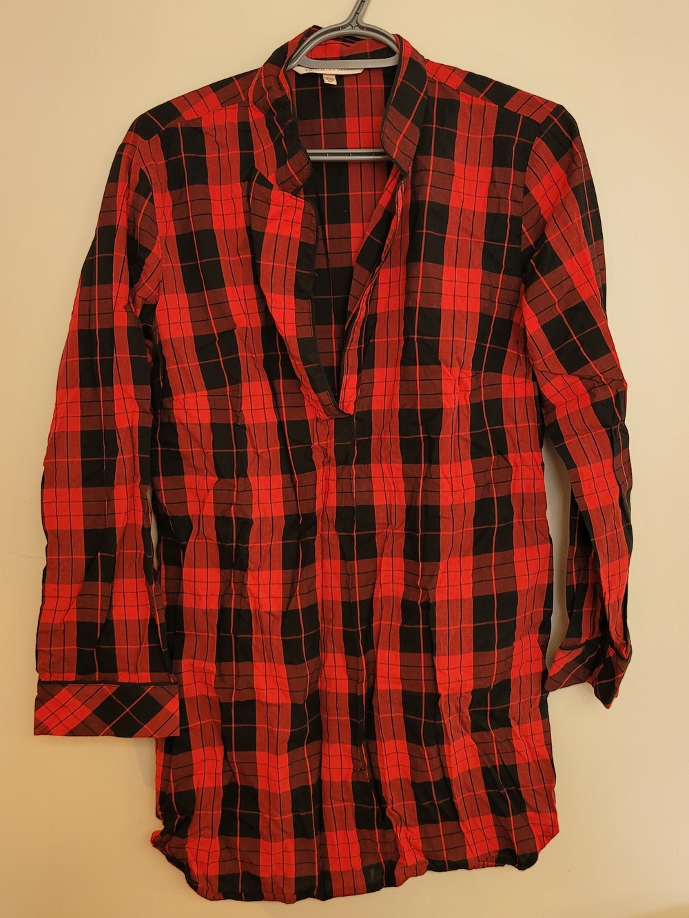 Red and Black Plaid Button-Up Long Night Shirt